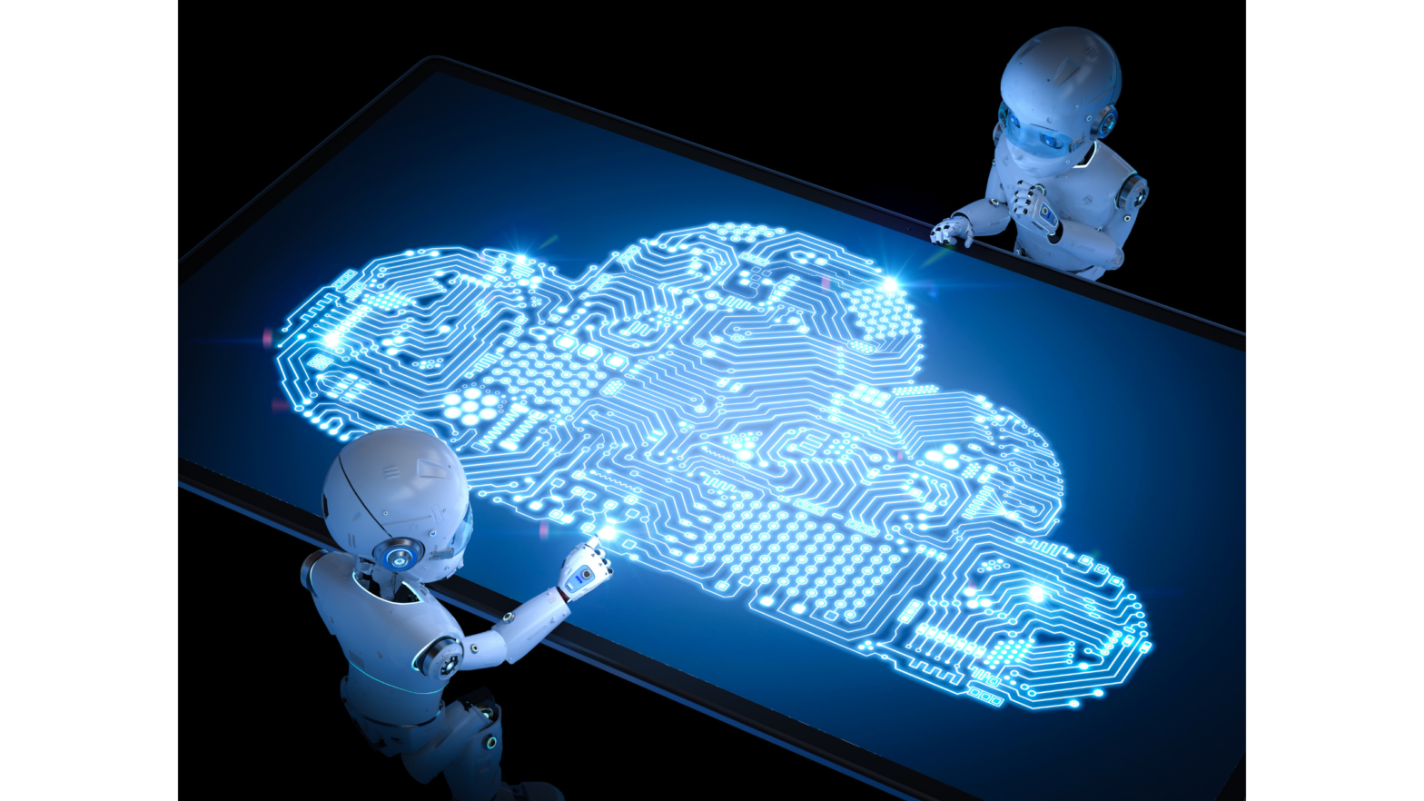 two robots standing across a table with a computer generated cloud
